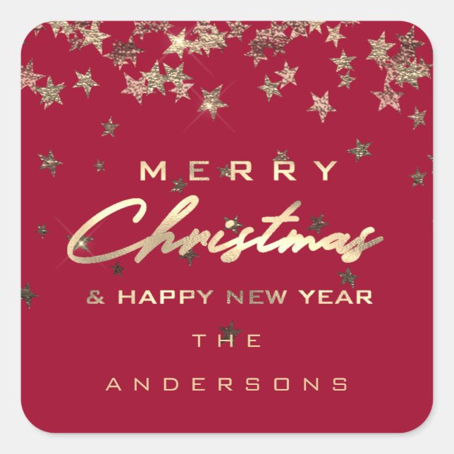 Merry Christmas Happy New Year Stars Red Square Sticker (Front)
