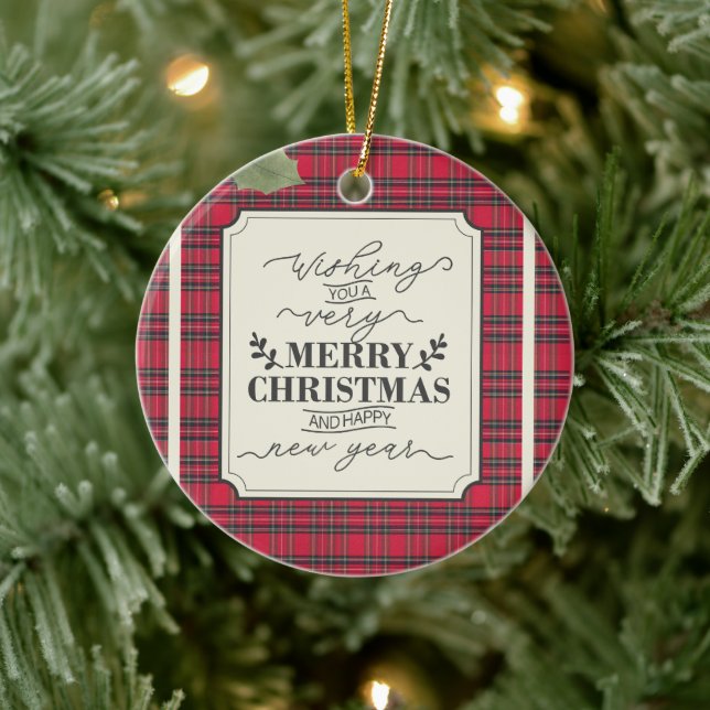 Merry Christmas & Happy New Year Tartan Name Ceramic Ornament (Tree)