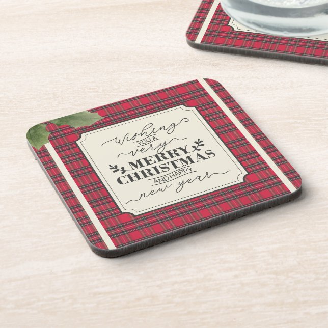 Merry Christmas & Happy New Year Tartan Name Coaster (Left Side)