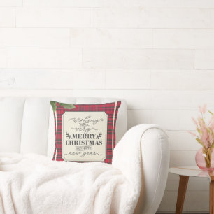 Merry Christmas & Happy New Year Tartan Name Cushion