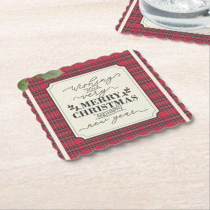 Merry Christmas & Happy New Year Tartan Name Paper Coaster