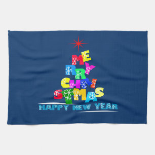 Merry Christmas Happy New Year Tea Towel