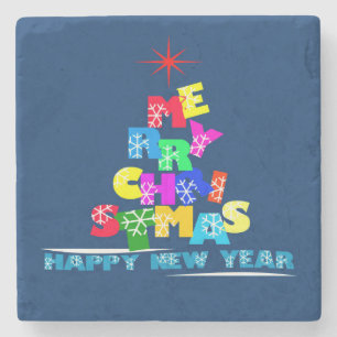 Merry Christmas Happy New Year Text Art Stone Coaster