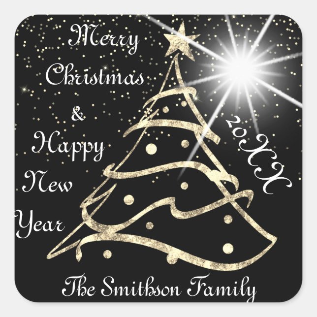 Merry Christmas & Happy New Year Tree Black Gold   Square Sticker (Front)