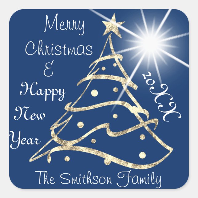 Merry Christmas & Happy New Year Tree Blue Navy  Square Sticker (Front)