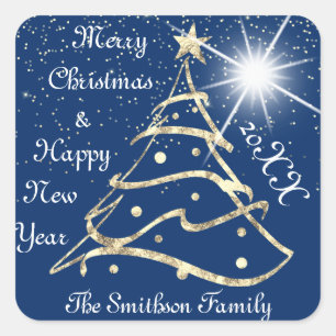Merry Christmas & Happy New Year Tree Navy Gold Square Sticker