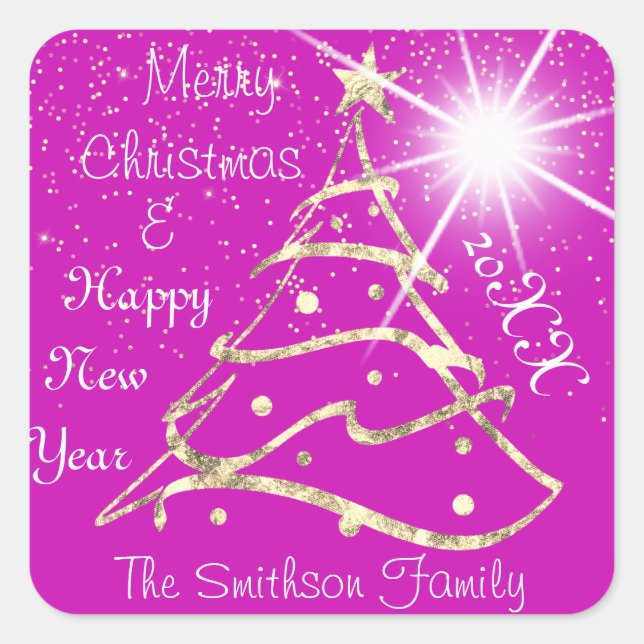 Merry Christmas & Happy New Year Tree Pink Gold Square Sticker (Front)