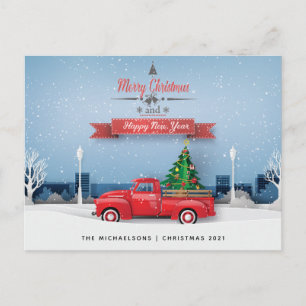 Merry Christmas Happy New Year   Vintage Red Truck Postcard
