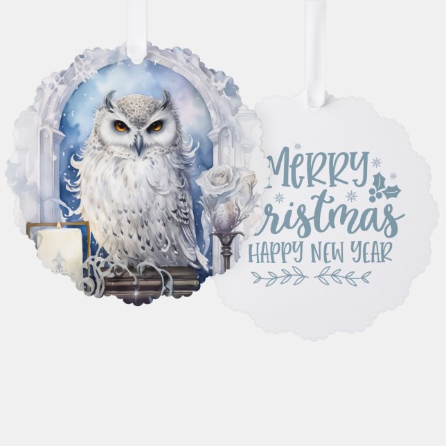 Merry Christmas Happy New Year White Owl Tree Decoration Card (Front/Back)
