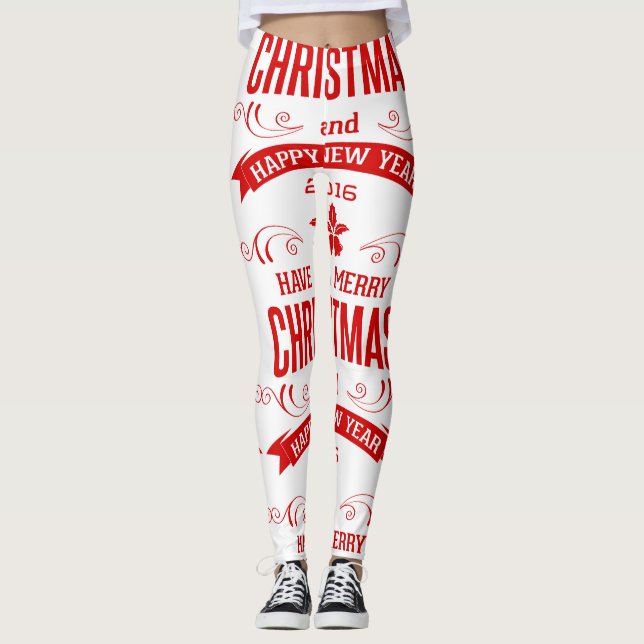 Merry Christmas Happy New-Year White & Red Leggings (Front)
