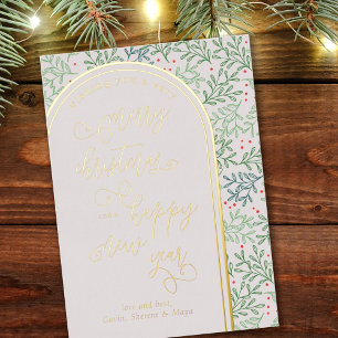 Merry Christmas Happy New Year Winter Foliage Foil Holiday Card