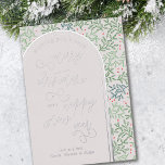 Merry Christmas Happy New Year Winter Greenery Foil Holiday Card<br><div class="desc">Luxury foil holiday card with typographic design framed with a modern arch in silver foil. The background pattern features simple winter greenery and berries in shades of green and red. wishing you a merry christmas and a happy new year is lettered in handwritten script calligraphy and modern lettering. The template...</div>