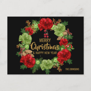 Merry Christmas Happy New Year Wreath Black Gold Holiday Postcard
