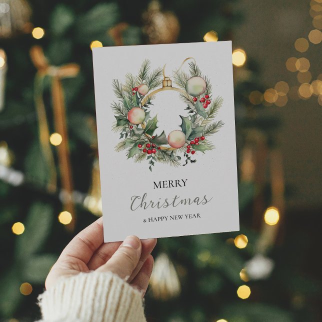 Merry Christmas Happy New Year Wreath Minimal Thank You Card (Creator Uploaded)