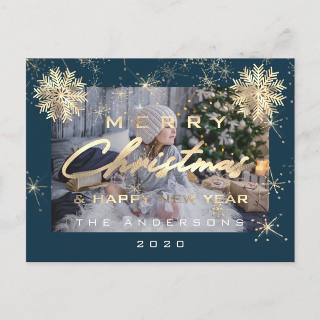 Merry Christmas Happy NewYear Snowflake Teal Photo Postcard (Front)