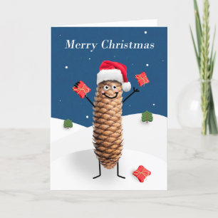 Merry Christmas Happy Pine Cone in Santa Hat Holiday Card