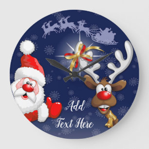 Merry Christmas Happy Santa and Reindeer Large Clock