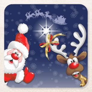 Merry Christmas Happy Santa and Reindeer Square Paper Coaster