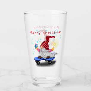 Merry Christmas - Happy Skater Gnome with Gifts  Glass