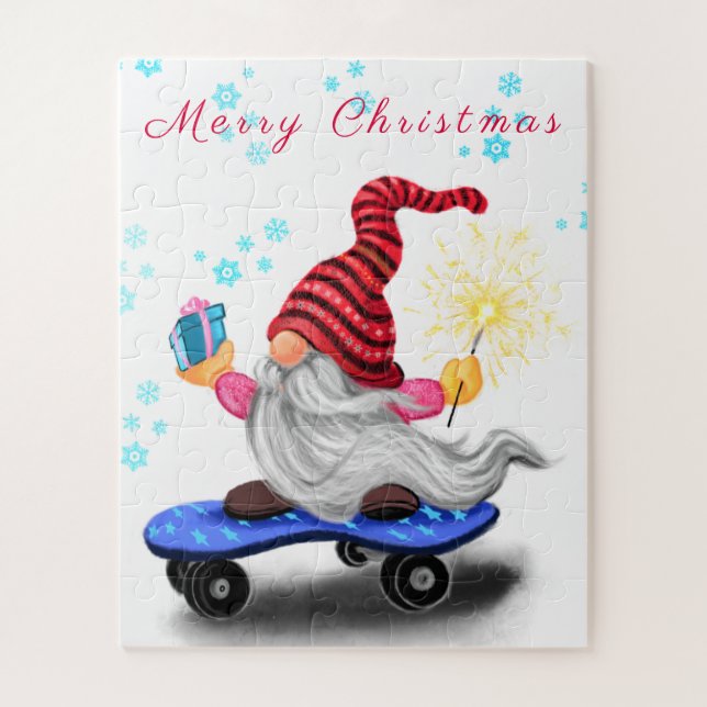 Merry Christmas Happy Skater Gnome with Gifts Jigsaw Puzzle (Vertical)