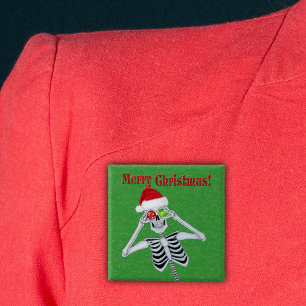 Merry Christmas Happy Skeleton Santa Hat Green 15 Cm Square Badge