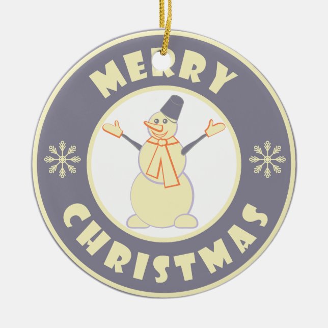 Merry Christmas happy snowman famous coffe style Ceramic Ornament (Front)