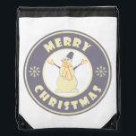 Merry Christmas happy snowman famous coffe style Drawstring Bag<br><div class="desc">Famous coffe style logo with Merry Christmas typography</div>