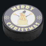 Merry Christmas happy snowman famous coffe style Hockey Puck<br><div class="desc">Famous coffe style logo with Merry Christmas typography</div>