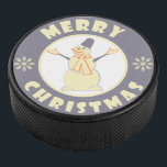 Merry Christmas happy snowman famous coffe style Hockey Puck<br><div class="desc">Famous coffe style logo with Merry Christmas typography</div>