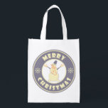 Merry Christmas happy snowman famous coffe style Reusable Grocery Bag<br><div class="desc">Famous coffe style logo with Merry Christmas typography</div>