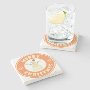 Merry Christmas happy snowman famous coffe style Stone Coaster