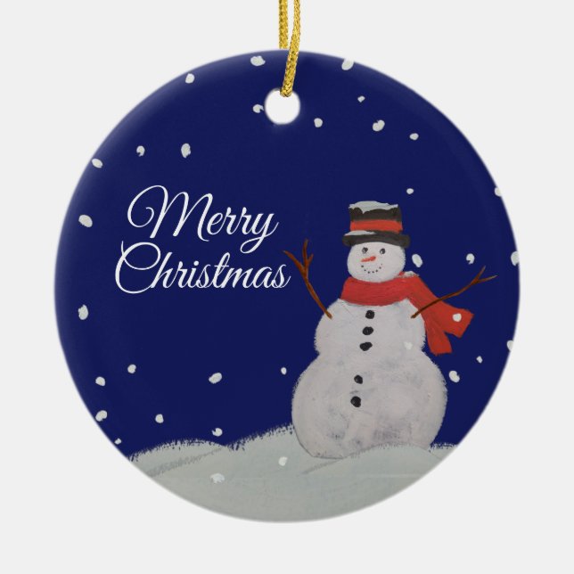 Merry Christmas Happy Snowman in the snow. Ceramic Ornament (Front)
