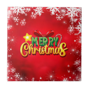 Merry Christmas Happy Xmas Red Green Holiday Fun Ceramic Tile