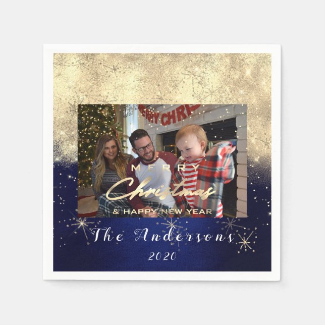 Merry Christmas Happy Year Gold Glitter Photo Navy Napkin (Front)