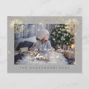 Merry Christmas Happy Year Gold Snow Grey Photo Postcard