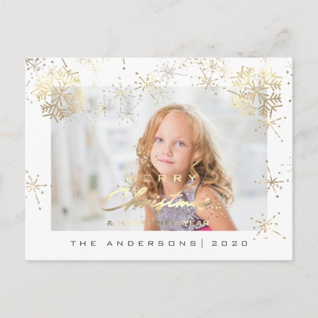 Merry Christmas Happy Year Gold Snow White Photo Postcard (Front)