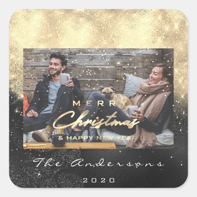 Merry Christmas Happy Year Stars Black Gold Photo Square Sticker (Front)