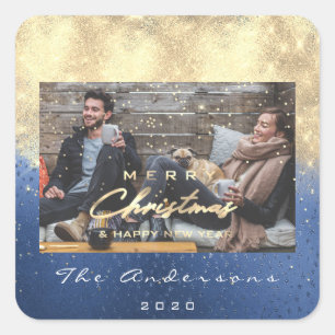 Merry Christmas Happy Year Stars Blue Gold Photo Square Sticker