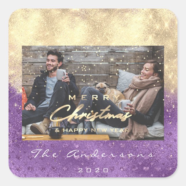 Merry Christmas Happy Year Stars Purple Gold Photo Square Sticker (Front)