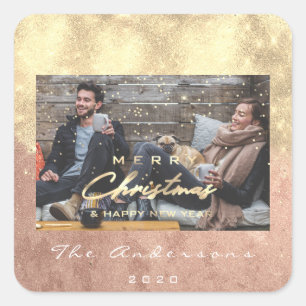 Merry Christmas Happy Year Stars Rose Gold Photo Square Sticker