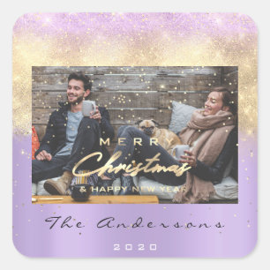 Merry Christmas Happy Year Stars Violet Gold Photo Square Sticker