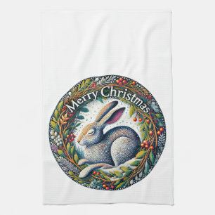 Merry Christmas Hare Tea Towel