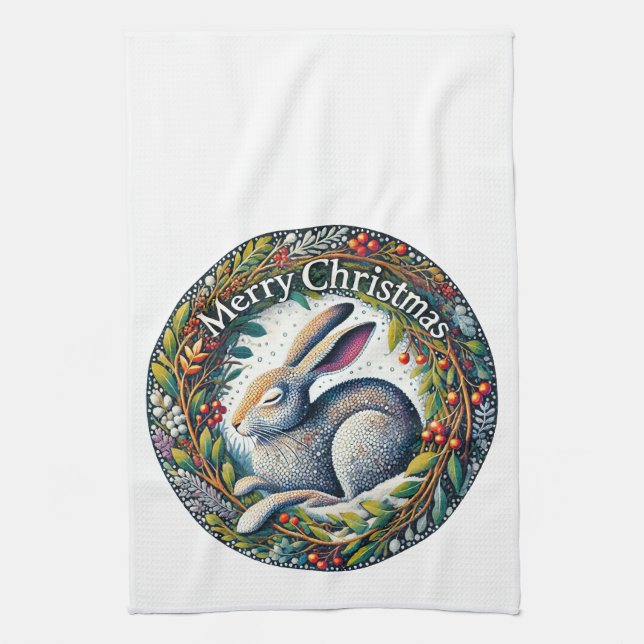 Merry Christmas Hare                               Tea Towel (Vertical)