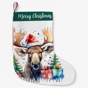 Merry Christmas Hat Festive Moose -  Small Christmas Stocking