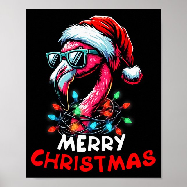 Merry Christmas Hat Santa Flamingo Christmas Light Poster (Front)