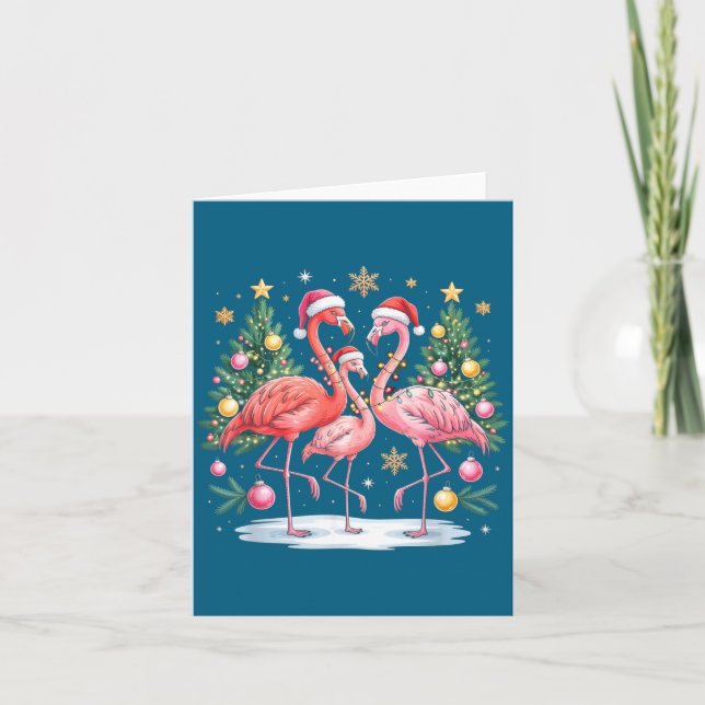 Merry Christmas Hat Santa Flamingo Light Christmas Card (Front)