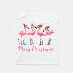 Merry Christmas Hat Santa Flamingo Light Christmas Fleece Blanket