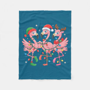 Merry Christmas Hat Santa Flamingo Light Christmas Fleece Blanket
