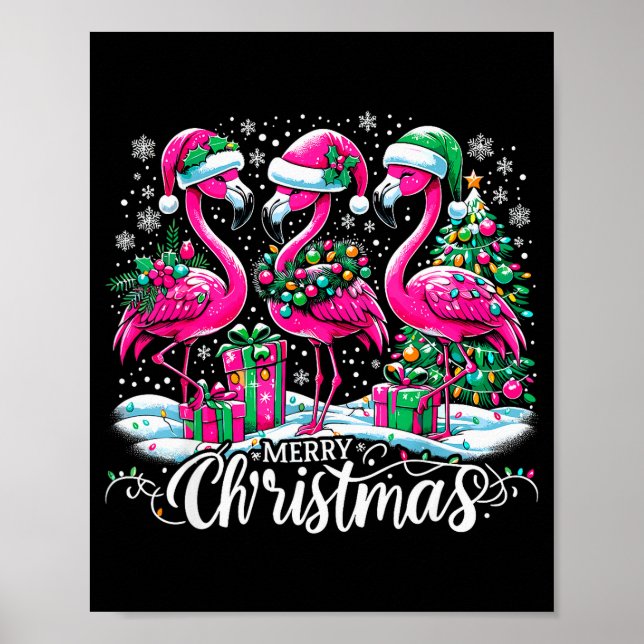Merry Christmas Hat Santa Flamingo Light Christmas Poster (Front)