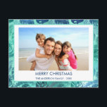 MERRY CHRISTMAS HAWAIIAN TROPICAL BEACH PHOTO HOLIDAY POSTCARD<br><div class="desc">Blue and Green Turquoise incandescent Faux Foil Merry Christmas Hawaiian Tropical Palm Leaf Family Photo Christmas Holiday Card. The picture and family name can be replaced on this simple beach or coastal vacation Christmas Family Photo Card.</div>